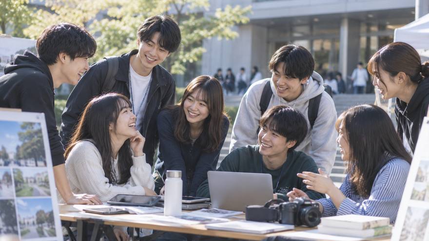 ノートパソコンを囲んで打ち合わせをする学生たち